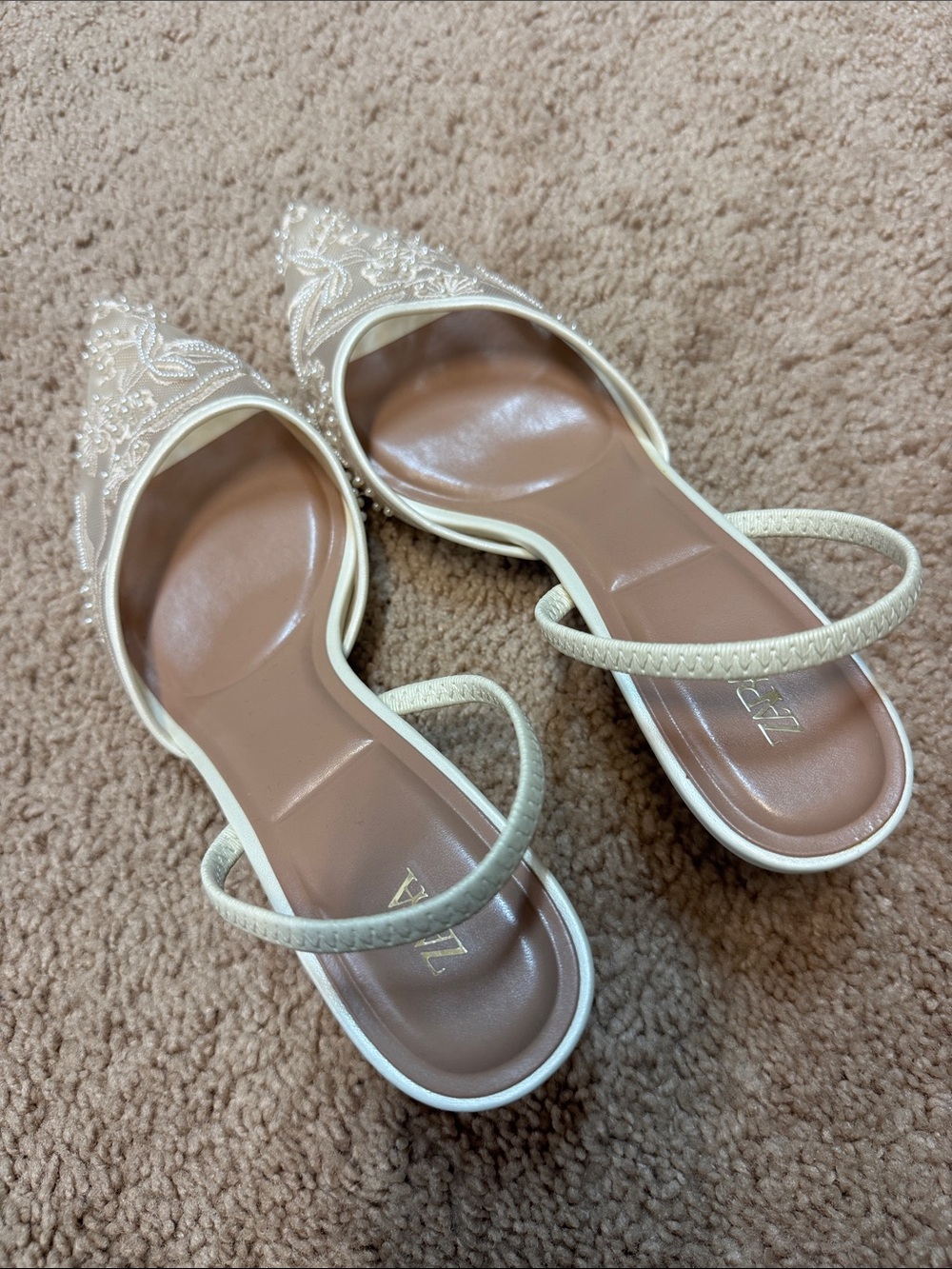 Zara Embroidered lace and beaded Pointed Toe Slingback Heels - Cream - Picture 2 of 4
